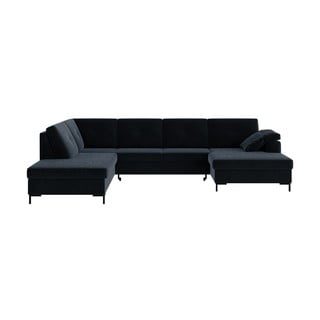 Tamsiai mėlyna aksominė U formos sofa-lova Ghado Moor, kairysis kampas