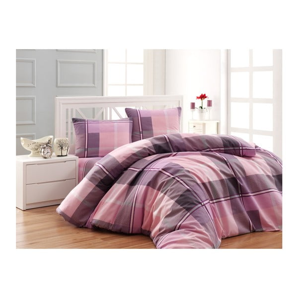 Violetinės spalvos dvigulės lovos paklodė iš ranforce medvilnės "Check Me", 200 x 220 cm