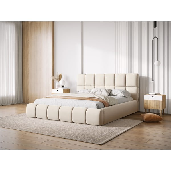 Iš aksomo dvigulė lova kreminės spalvos audiniu dengta su sandėliavimo vieta su lovos grotelėmis 180x200 cm Bellis – Micadoni -image-1