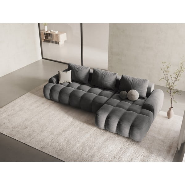 Pilkos spalvos iš velveto sulankstoma/su sandėliavimo vieta kampinė sofa (su dešiniuoju kampu/su gultu) Linz – Cosmopolitan Design-image-1