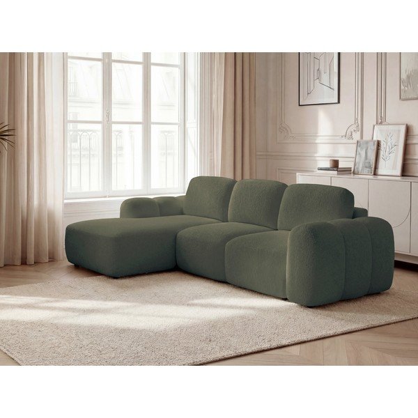 Žalios spalvos sulankstoma/su sandėliavimo vieta kampinė sofa iš boucle (su kairiuoju kampu/su gultu) Montaigne – Bobochic Paris-image-1