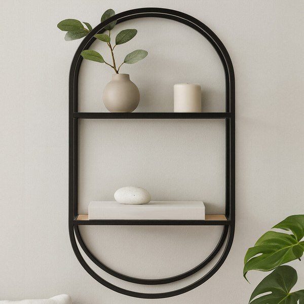 Juodos spalvos/natūralios spalvos iš metalo kelių aukštų sieninė lentyna 35 cm Mataram – Premier Housewares-image-1