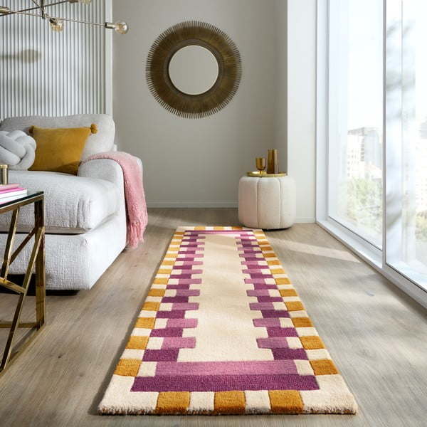 Rankų darbo iš vilnos kilimas geltonos spalvos/rožinės spalvos 60x230 cm Kai Wool Border – Flair Rugs-image-1