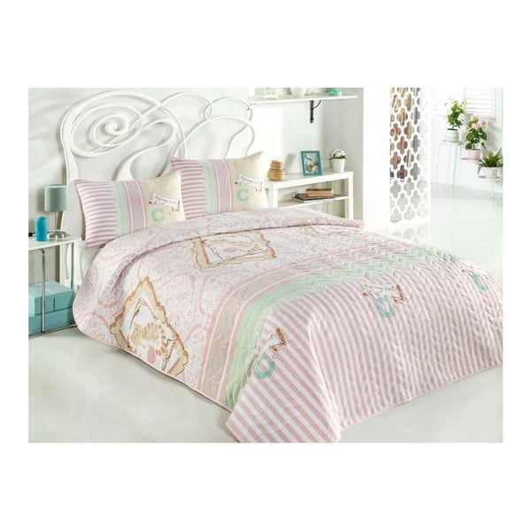 Dygsniuotas dvivietis lovos užvalkalas su pagalvių užvalkalais Love Me Cat, 200 x 220 cm