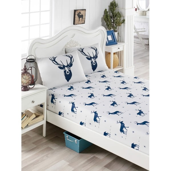 "EnLora Home Geyik" tamsiai mėlynas viengulės lovos patalynės komplektas su 2 medvilninio mišinio užvalkalais, 100 x 200 cm