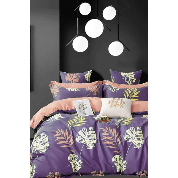 Dvigulė/itin ilga patalynė iš medvilnės violetinės spalvos su paklode/4 dalių 200x220 cm Leaves – Mila Home