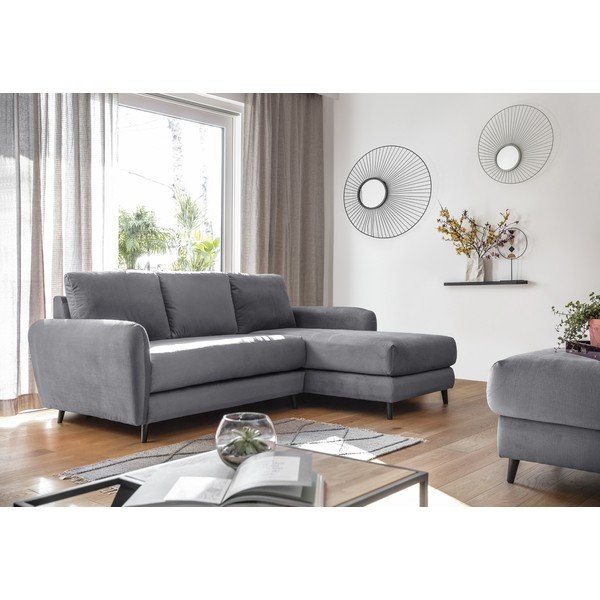 Šviesiai pilkos spalvos aksominė kampinė sofa su pakoja Miuform Cozy Claire, dešinysis kampas-image-3