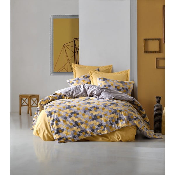 Geltona medvilninė patalynė dvigulei lovai su paklode ir užvalkalu 240x260 cm Elon – Mijolnir