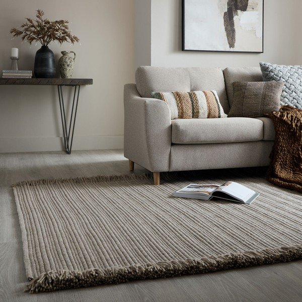 Rankų darbo pilkos spalvos iš vilnos mišinio kilimas 160x230 cm Rene Fringed Ribbed – Flair Rugs-image-1