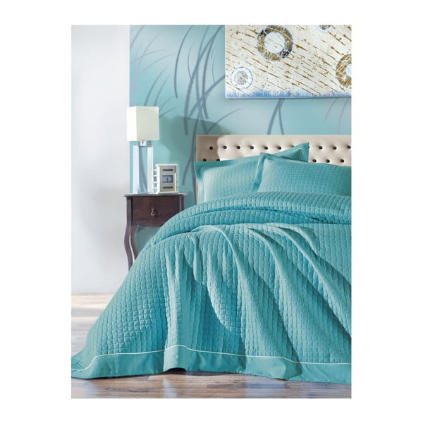 Turkio spalvos dvigulės lovos užvalkalų ir 2 pagalvių užvalkalų rinkinys Permento Azul, 230 x 260 cm
