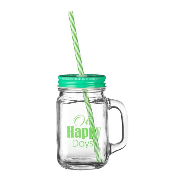 Stiklinė su žaliu dangteliu ir šiaudeliu Premier Housewares Happy Days, 450 ml