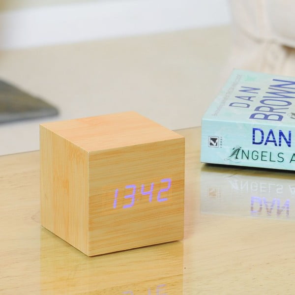 Mėlynas LED žadintuvas "Cube Click Clock", buko spalvos-image-1