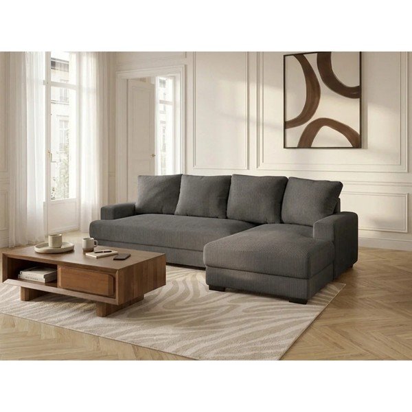 Tamsiai pilkos spalvos sulankstoma/su sandėliavimo vieta kampinė sofa iš kordinio velveto (su dešiniuoju kampu/su gultu) Campi – Bobochic Paris-image-1