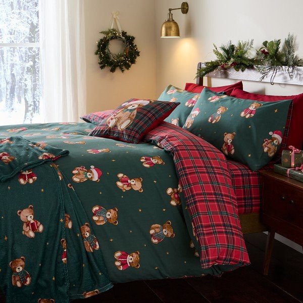 Raudonos spalvos/tamsiai žalios spalvos viengulė patalynė 150x120 cm Christmas Tartan Teddy Bear – Catherine Lansfield-image-4