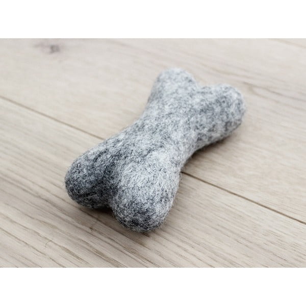 Plieno pilkos spalvos kaulo formos žaislas iš gyvūnų vilnos Wooldot Pet Bones, 14 cm ilgio