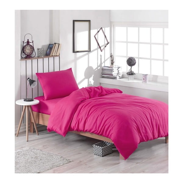 Rožinė patalynė su paklode viengulėlei lovai Rose, 160 x 220 cm