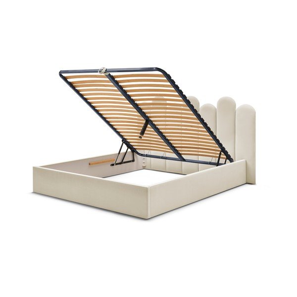 Dvigulė lova smėlio spalvos audiniu dengta su sandėliavimo vieta su lovos grotelėmis 160x200 cm Badja – Bobochic Paris-image-4