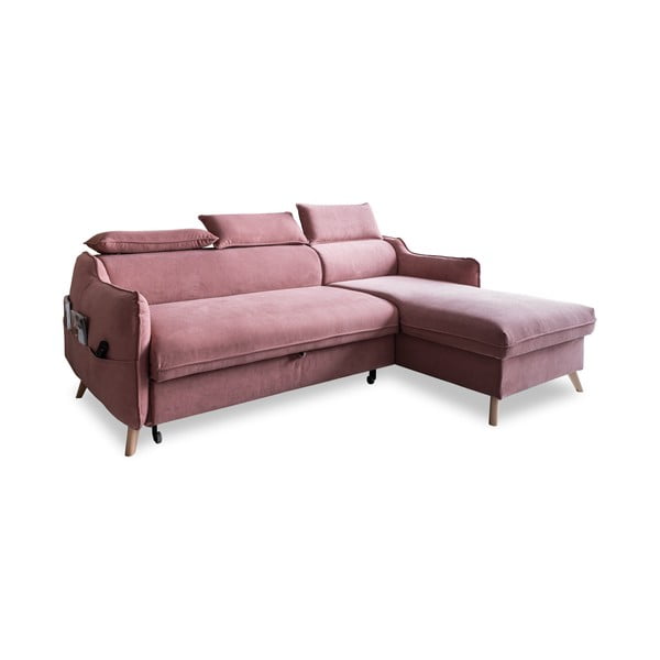 Sulankstoma kampinė sofa iš velveto šviesiai rožinės spalvos (su dešiniuoju kampu) Sweet Harmony – Miuform