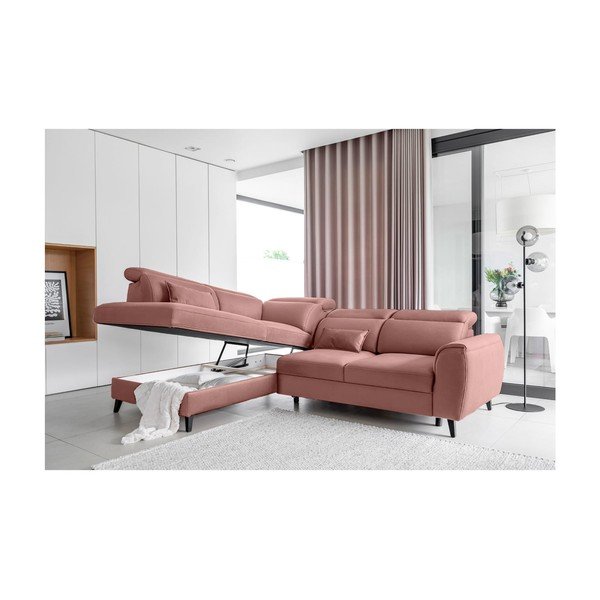 Rožinės spalvos iš velveto sulankstoma/su sandėliavimo vieta kampinė sofa (su kairiuoju kampu/„L“ formos) Noble – ELTAP-image-3