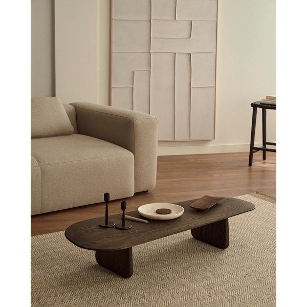 Tamsiai rudos spalvos iš ąžuolo masyvo kavos staliukas 64x146 cm Pirita – Kave Home-image-1