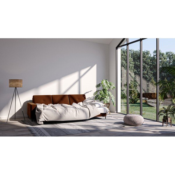 Tamsiai oranžinės spalvos aksominė kampinė sofa-lova Ghado Moor, dešinysis kampas-image-1