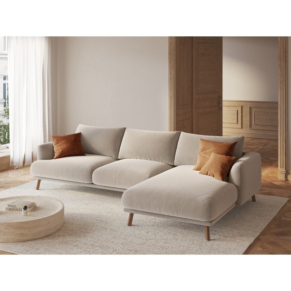 Smėlio spalvos kampinė sofa iš velveto (su dešiniuoju kampu/su gultu) Naomi – Micadoni -image-1