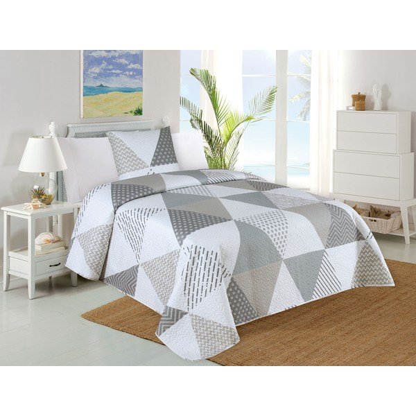 Dygsniuotas lovatiesės ir pagalvės užvalkalų rinkinys baltos spalvos/pilkos spalvos 140x220 cm Terez – My House