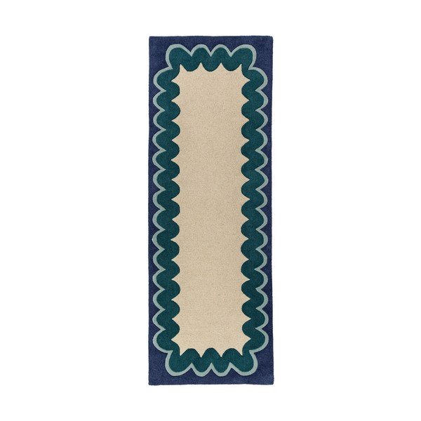 Rankų darbo natūralios spalvos/žalsvai mėlynos spalvos iš vilnos kilimas 80x230 cm Wiggle Wool – Flair Rugs
