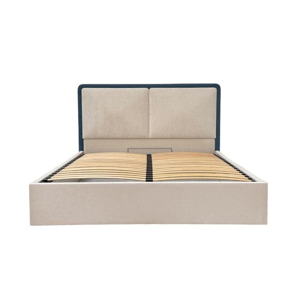 Mėlynos spalvos/smėlio spalvos iš audinio dvigulė lova su sandėliavimo vieta su lovos grotelėmis 180x200 cm Mara – Bobochic Paris-image-4