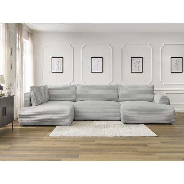 Šviesiai pilkos spalvos sulankstoma/su sandėliavimo vieta kampinė sofa iš kordinio velveto (su kairiuoju kampu/„U“ formos) Lucien – Bobochic Paris-image-1