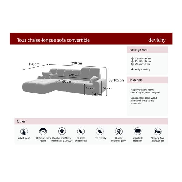Tamsiai rožinė aksominė kampinė sofa-lova Devichy Tous, dešinysis kampas-image-3