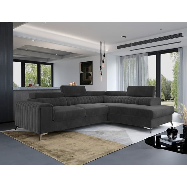 Tamsiai pilkos spalvos iš velveto sulankstoma/su sandėliavimo vieta kampinė sofa (su dešiniuoju kampu/„L“ formos) Laurence – ELTAP-image-1