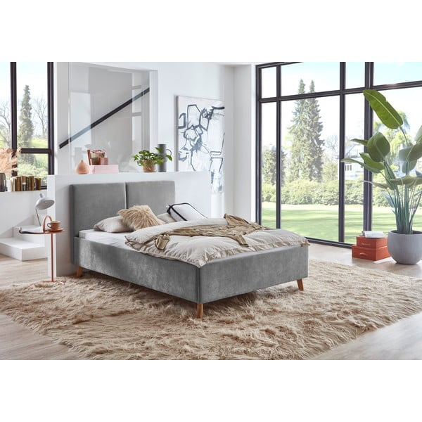 Pilkos spalvos dvigulė lova audiniu dengta su lovos grotelėmis 140x200 cm Piano – Meise Möbel-image-1