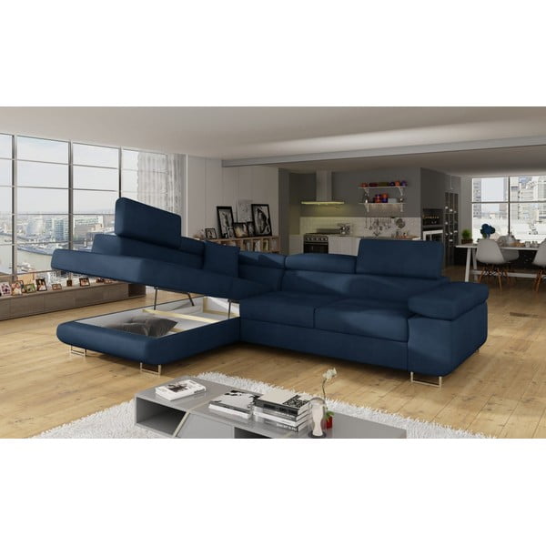 Mėlynos spalvos iš velveto sulankstoma/su sandėliavimo vieta kampinė sofa (su kairiuoju kampu/„L“ formos) Anton – ELTAP-image-4
