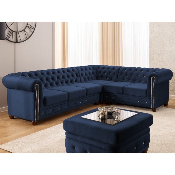 Mėlynos spalvos sulankstoma kampinė sofa iš velveto (su dešiniuoju kampu/„L“ formos) York Blik – Ropez-image-1