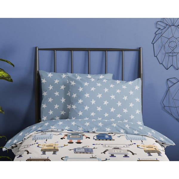 Mėlynos spalvos/smėlio spalvos iš medvilnės viengulė vaikiška patalynė 140x200 cm Robo – Good Morning-image-2