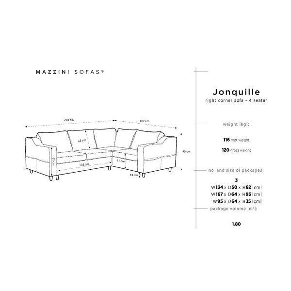 "Mazzini Sofas Jonquille" keturių vietų sofa-lova, pilka, dešinysis kampas-image-2