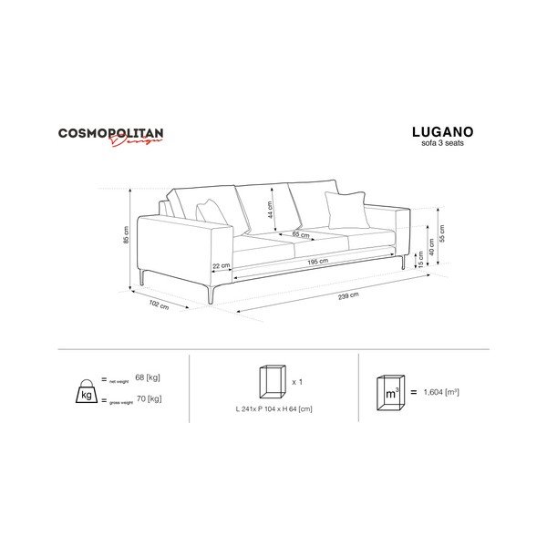"Cosmopolitan Design Lugano" pudros rožinės spalvos sofa, 239 cm-image-4