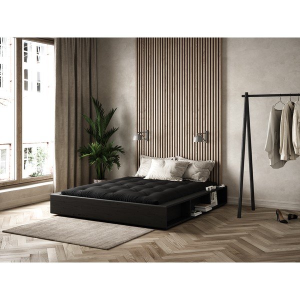 Juoda medienos masyvo dvigulė lova su juodu čiužiniu Double Latex Karup Design Ziggy, 180 x 200 cm-image-1