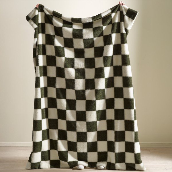 Baltos spalvos/žalios spalvos antklodė ir pledas 130x170 cm Cosy Soft Checkerboard – Catherine Lansfield-image-1