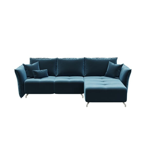 Tamsiai mėlyna aksominė kampinė sofa-lova Devichy Hermes, dešinysis kampas