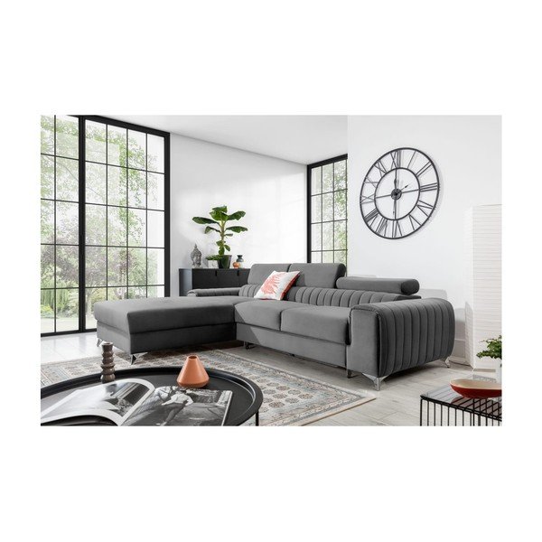 Pilkos spalvos iš velveto sulankstoma/su sandėliavimo vieta kampinė sofa (su kairiuoju kampu/su gultu) Grayson – ELTAP-image-1