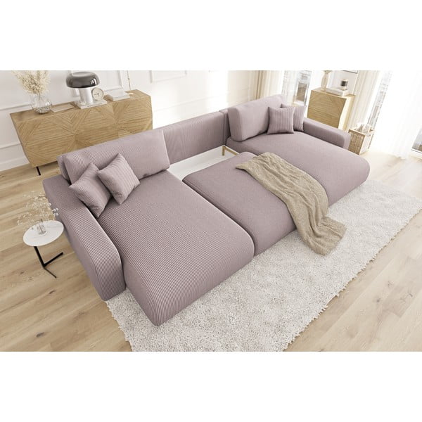 Šviesiai rožinės spalvos iš kordinio velveto sulankstoma/su sandėliavimo vieta kampinė sofa Sara – Ropez-image-4