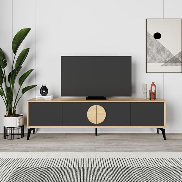 TV spintelė juodos spalvos/natūralios spalvos iš ąžuolo 180x51 cm Vae – Marckeric-image-4