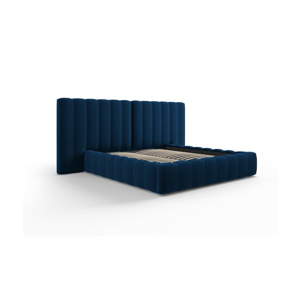 Dvigulė lova tamsiai mėlynos spalvos audiniu dengta su sandėliavimo vieta su lovos grotelėmis 160x200 cm Gina – Milo Casa