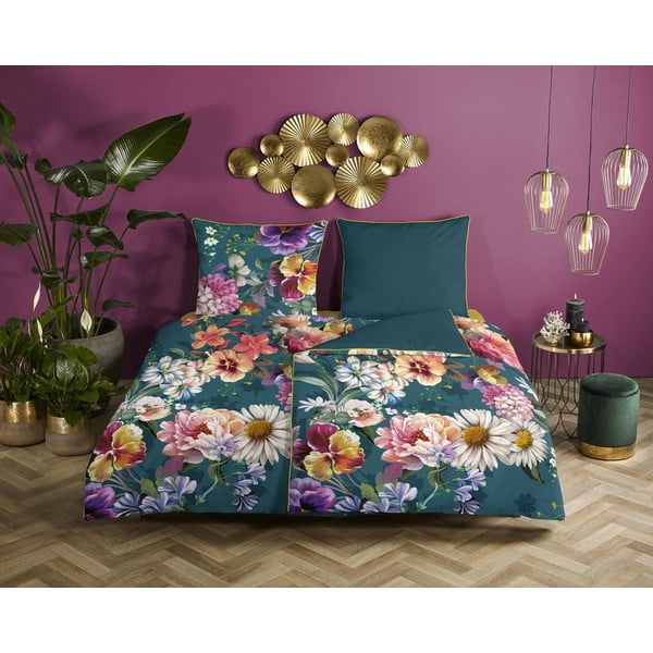 Smaragdo mėlynos spalvos viengulė patalynė iš ekologiškos medvilnės Descanso Sunflower, 140 x 200 cm-image-1