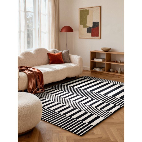 Rankų darbo juodos ir baltos spalvos iš vilnos kilimas 120x180 cm Stryve Pulse – Elle Decoration-image-1