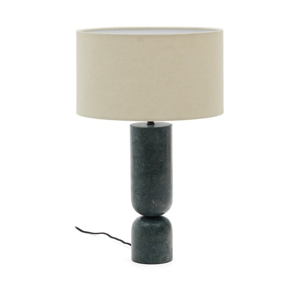 Tamsiai žalios spalvos/smėlio spalvos iš marmuro stalinis šviestuvas (aukštis 57 cm) su tekstiliniu gaubtu Vex – Kave Home