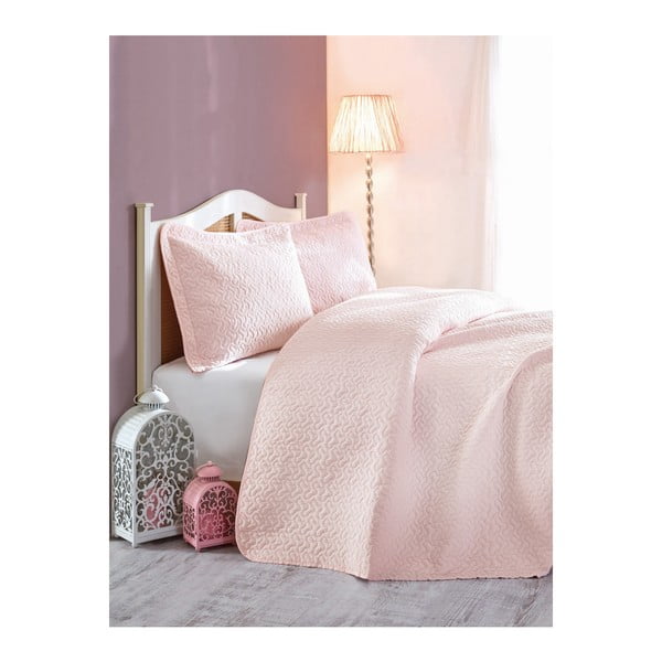 Šviesiai rožinės spalvos dygsniuotos lovos užtiesalo su pagalvėmis rinkinys "Sava", 240 x 260 cm