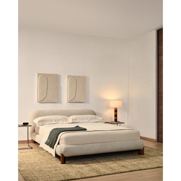 Smėlio spalvos dvigulė lova audiniu dengta be grotelių 160x200 cm Odina – Kave Home-image-1